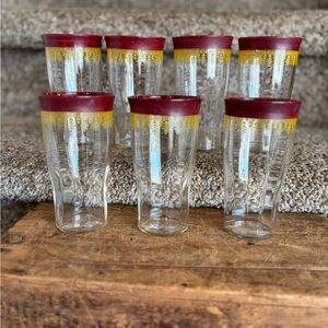 Vintage Clear Glass Drinking Tumblers with Gold Leaf and Burgundy Rim